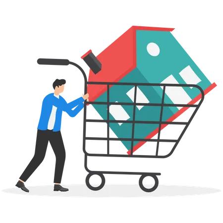 Happy Businessman Pushing New House Inside Shopping Cart Trolley Property Investment Or Mortgage Concept Modern Vector Illustration In Flat Style Illustration