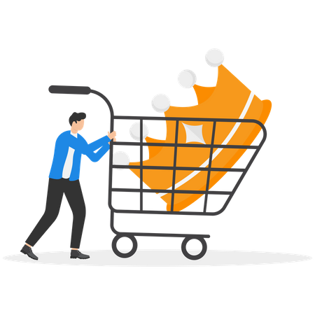 Happy businessman running with cart and king crown  Illustration