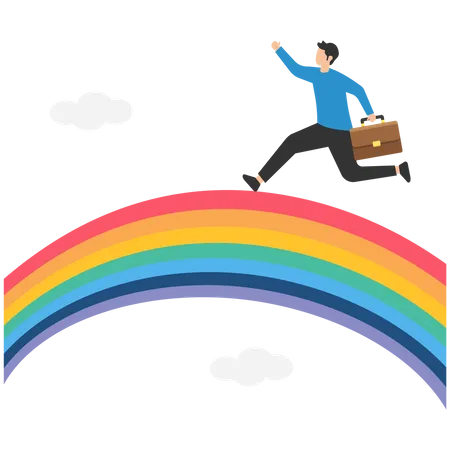 Happy businessman running with suitcase on colourful rainbow in the sky  Illustration