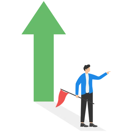 Happy Businessman Sales Reach Target With Red Flag Arrow Up Growth And Profit Concept Colored Flat Graphic Vector Illustration Isolated イラスト