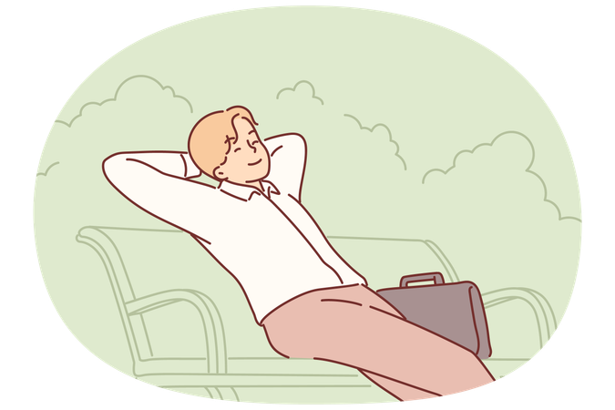Happy businessman sits on park bench with eyes closed and enjoys outdoor recreation  Illustration