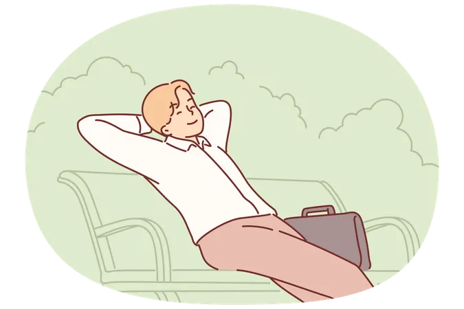Happy businessman sits on park bench with eyes closed and enjoys outdoor recreation  Illustration