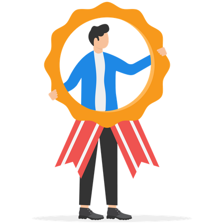 Happy businessman sitting on award winning medal  Illustration