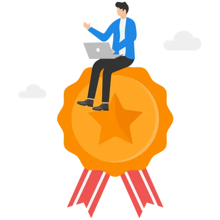 Self Promotion Encouragement And Motivate Yourself For Positive Thinking And Achieve Success Happy Businessman Sitting On Award Winning Medal Thumbs Up Himself Illustration