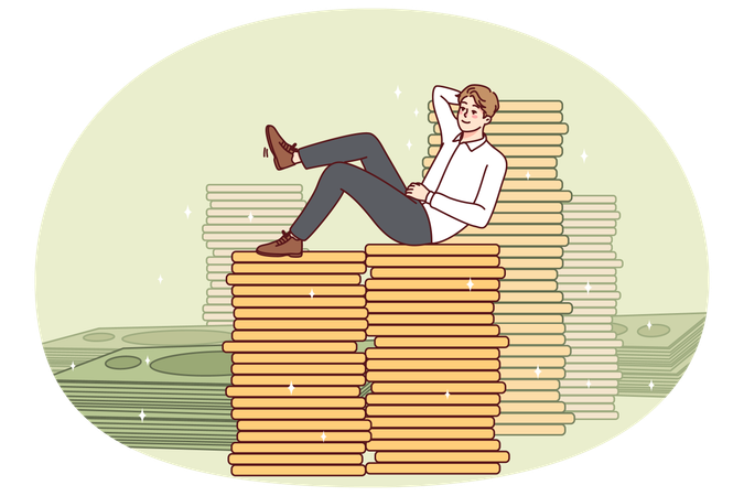 Happy businessman sitting on money stacks  Illustration