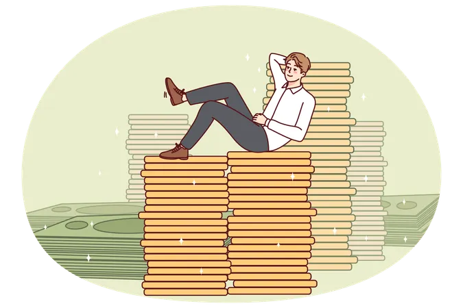 Happy businessman sitting on money stacks  Illustration