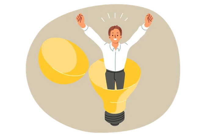 Happy Businessman Stands Inside Light Bulb Raising Hands Up And Rejoicing At New Idea To Accelerate Professional Growth Man Entrepreneur Came Up With Business Idea To Improve Marketing Performance Illustration