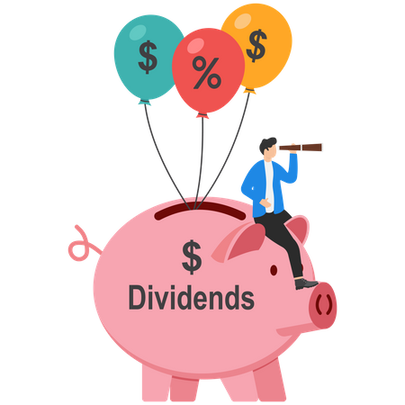 Happy Businessman Stock Investor Sitting On Money Bag With The Word Dividend Floating With Dollar  Illustration