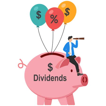 Dividend Stock Investment Return In Financial Crisis COVID 19 Coronavirus Crash Concept Happy Businessman Stock Investor Sitting On Money Bag With The Word Dividend Floating With Dollar Sign Balloons Illustration