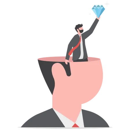 Self Discovery Finding Yourself Searching For Self Value Success Dream Or Meaning Of Life Exploration Inner Or Inside Concept Happy Businessman Succeed Finding Valuable Diamond Inside His Head Illustration