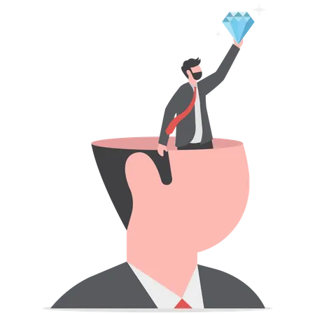 Happy businessman succeed finding valuable diamond inside his head  Illustration