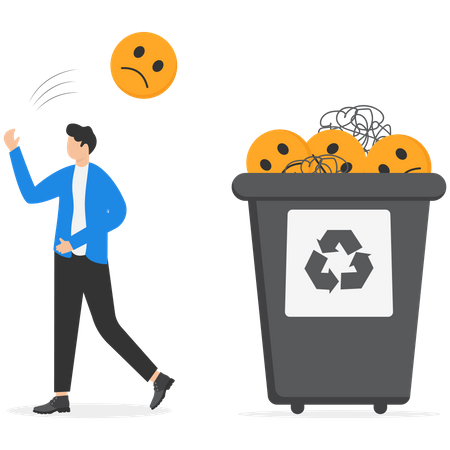 Happy businessman throw away stressed and anxiety into the bin  Illustration