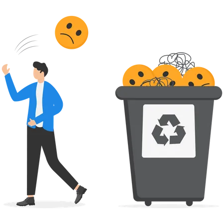 Get Rid Of Work Anxiety Stressed And Unhappiness Emotion Relax To Gain Happiness Concept Happy Businessman Throw Away Stressed And Anxiety Into The Bin Illustration