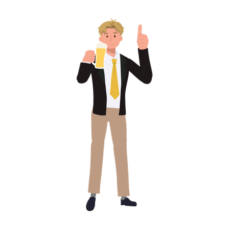 Happy Businessman Toasting with Beer and Thumbs Up  Illustration