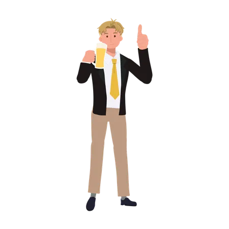 Happy Businessman Toasting with Beer and Thumbs Up  Illustration