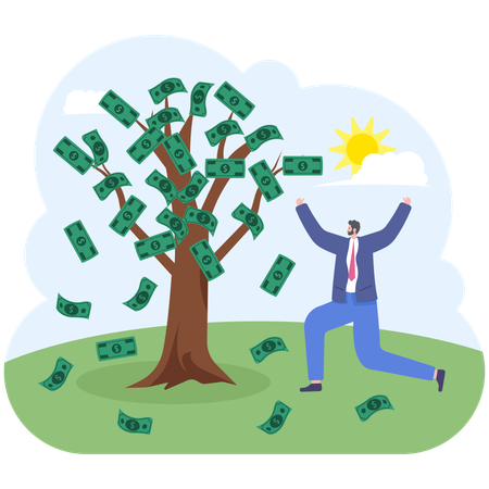 Happy businessman under money tree  Illustration