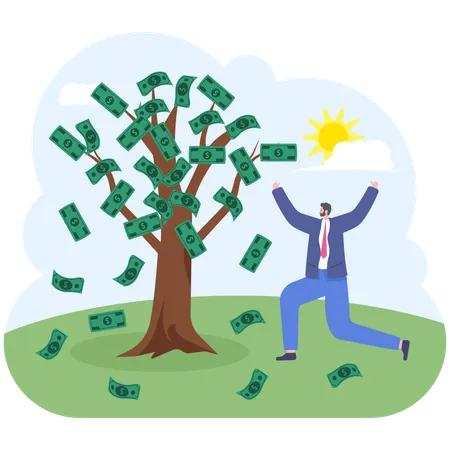 Happy businessman under money tree  Illustration