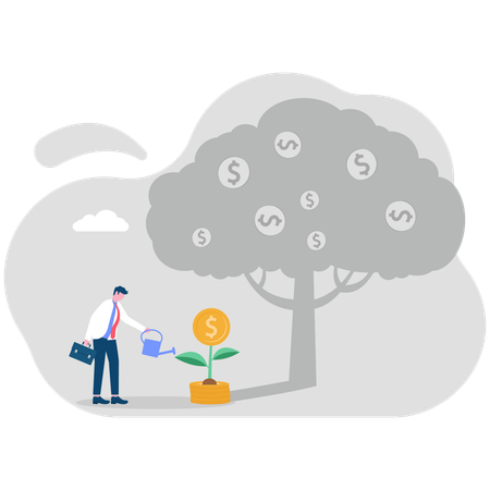 Happy businessman watering small money tree with big tree shadow  Illustration