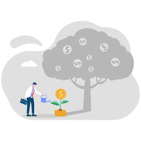 Happy businessman watering small money tree with big tree shadow  Illustration