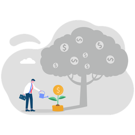 Happy businessman watering small money tree with big tree shadow  Illustration