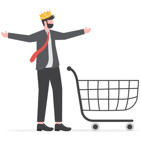 Customer Is King Client Want Is Most Important User Experience Or Customer Centric Marketing Strategy Concept Happy Man Customer Wearing King Crown Running With Shopping Cart Ready To Buy Product Illustration