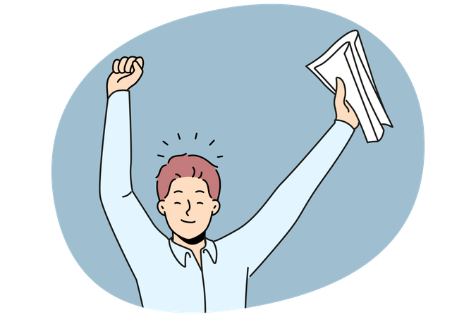 Happy businessman with papers in hands celebrating signing of successful business contract  Illustration
