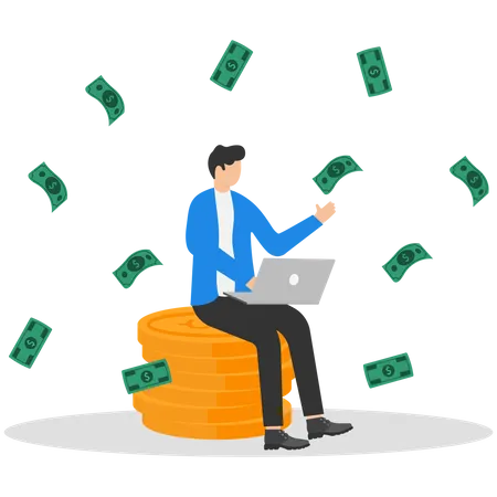 Happy businessman working with computer laptop on stack of money bundle  Illustration