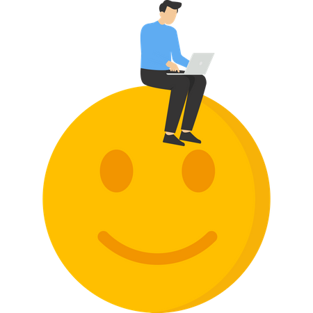 Happy businessman working with computer laptop via smiley emoticon with happy mood metaphor  Illustration