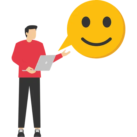 Work Happiness Or Job Satisfaction Passion Or Enjoyment Working With Company Employee Wellbeing Concept Happy Businessman Working With Computer With Smiling Face Illustration