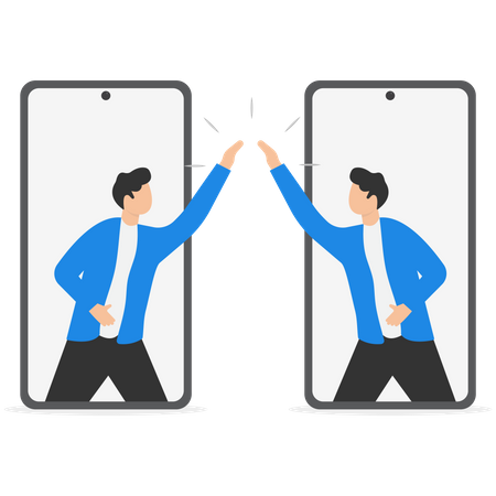 Happy businessmen hi five from mobile phon  Illustration