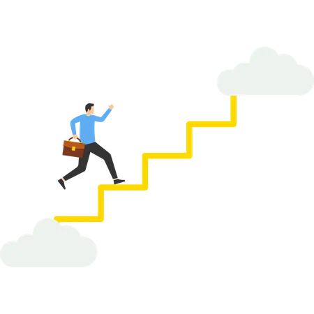 Happy businessmen running with a suitcase on top of stairs towards the sky  Illustration