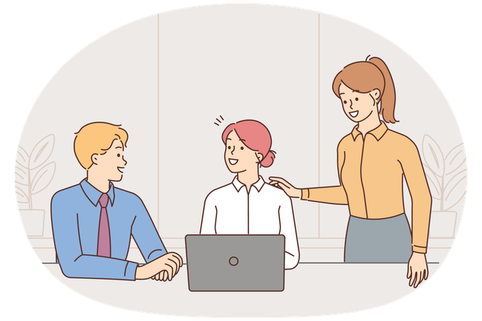 Happy businesspeople working together in office brainstorm at laptop  Illustration
