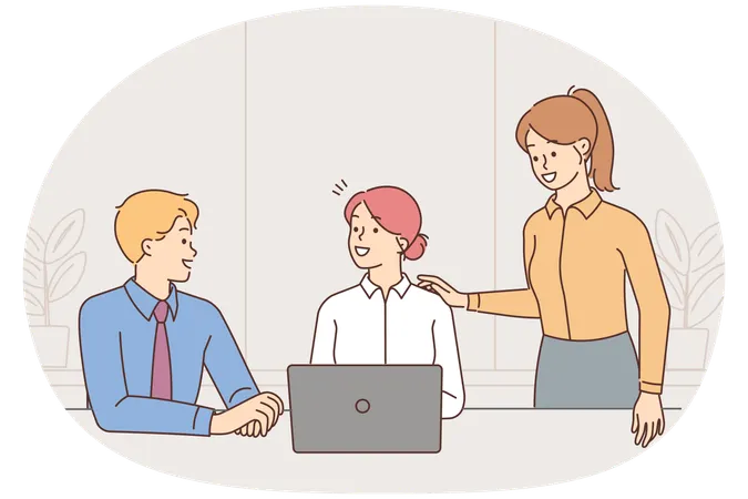 Happy businesspeople working together in office brainstorm at laptop  Illustration