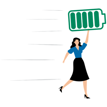 Happy businesswoman hold battery with full level and runs to work  Illustration