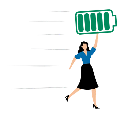 Happy businesswoman hold battery with full level and runs to work  Illustration