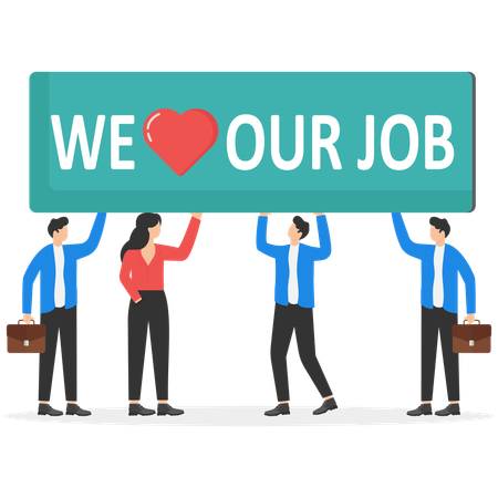 Happy businesswoman standing on office desk with motivational placard I love my job  Illustration