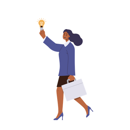 Happy Businesswoman Wearing Formal Suit Carrying Briefcase And Lightbulb Having Brilliant Idea  Illustration