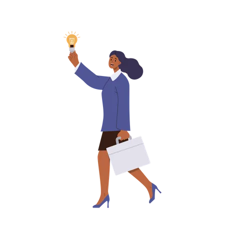 Happy Smiling Businesswoman Character Wearing Formal Suit Carrying Briefcase And Glowing Lightbulb Having Brilliant Idea Walking Isolated On White Background People With Creative Thinking Concept Illustration