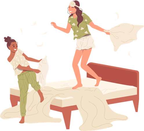 Happy carefree sisters enjoying fun pillow fight on bed at pajama party  イラスト