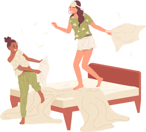 Happy carefree sisters enjoying fun pillow fight on bed at pajama party  Illustration