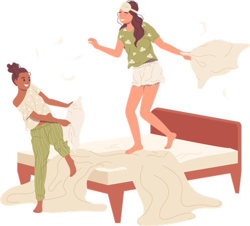 Happy carefree sisters enjoying fun pillow fight on bed at pajama party  Illustration