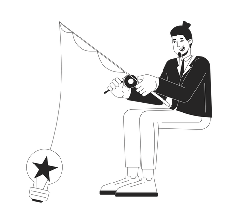 Happy caucasian businessman fishing for ideas  Illustration