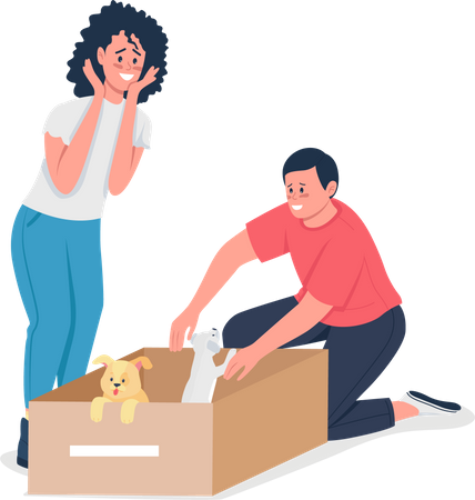 Happy Caucasian couple find homeless dogs  Illustration