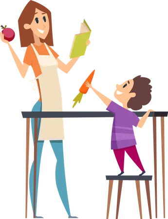 Happy character couple parents kids preparing food Illustration