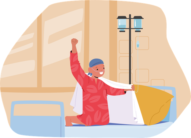 Happy cheerful little child struggling with oncology disease in superhero pose  Illustration