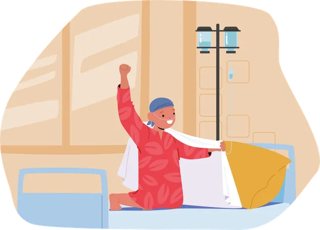 Happy cheerful little child struggling with oncology disease in superhero pose  Illustration