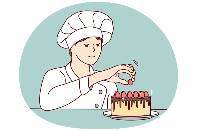 Happy chef decorating cake with berries  Illustration