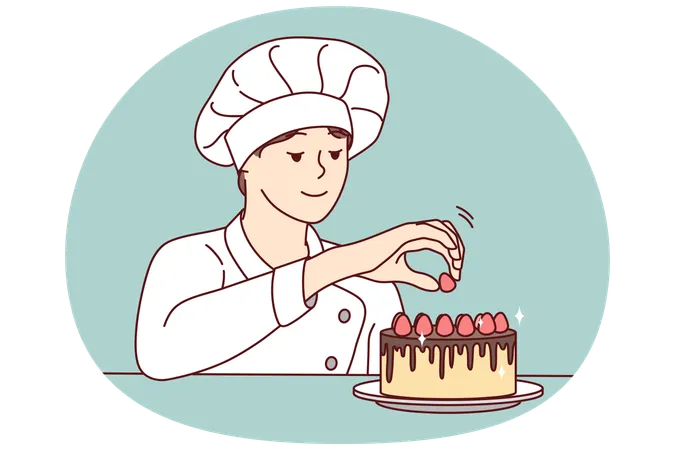 Happy chef decorating cake with berries  Illustration