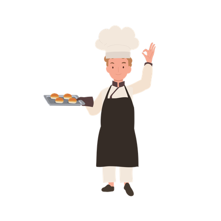Happy Chef Doing OK Hand Sign et tenant un petit pain frais sur un plateau dans l'autre main  Illustration