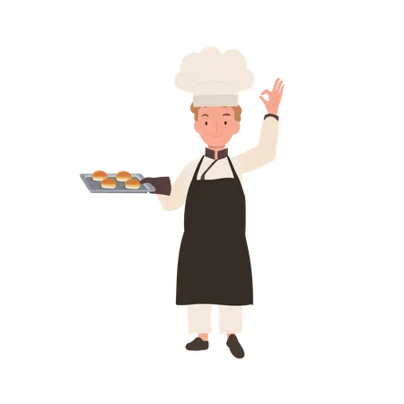 Young Chef Showing OK Sign Happy Chef Doing OK Hand Sign And Holding Fresh Baked Bun On Tray In Other Hand Illustration